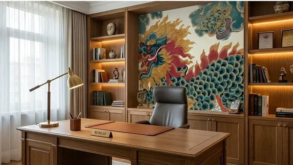 Vue panoramique d'un salon moderne orné d'un Papier Peint Dragon Chinois Artisanal aux teintes ocre et turquoise, fusionnant heritage asiatique et décoration contemporaine