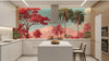Chambre décorée avec un Papier Peint Jungle Rouge Toile de Jouy habillant les murs de scènes naturalistes raffinées mêlant tigres, lianes et fleurs exotiques en rouge vif
