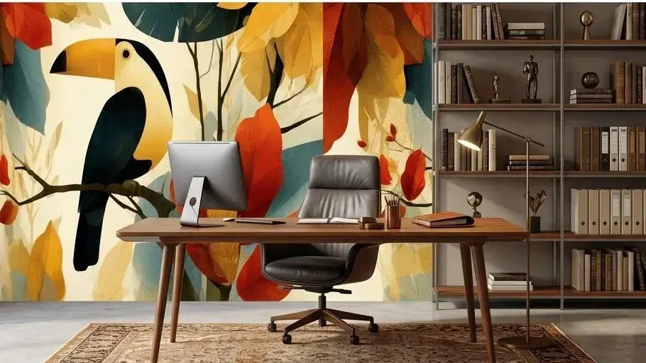 Vue panoramique d'un couloir habillé du Papier Peint Toucan aux Feuilles d'Ocre et d'Or, mettant en valeur la répétition harmonieuse des motifs de toucans et de feuillages aux tons chauds et envoûtants