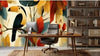 Vue panoramique d'un couloir habillé du Papier Peint Toucan aux Feuilles d'Ocre et d'Or, mettant en valeur la répétition harmonieuse des motifs de toucans et de feuillages aux tons chauds et envoûtants