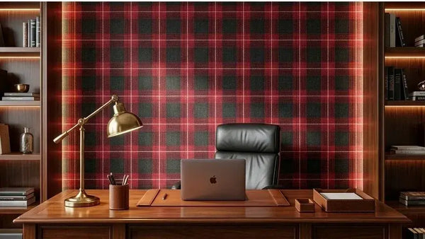 Échantillon plat de Papier Peint Tartan Écossais Rouge et Noir photographié en lumière naturelle, mettant en valeur les nuances vibrantes du rouge écarlate et du noir mat en motif croisé