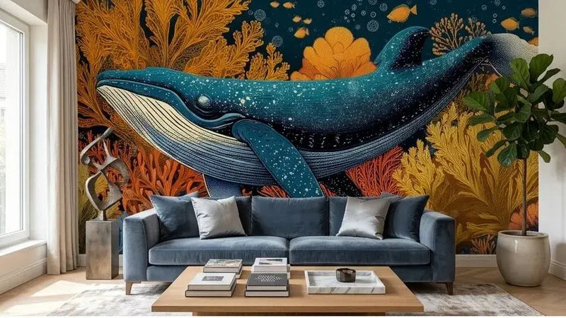 Décoration murale avec Papier Peint Baleine Illustration Sous Marine Corail affichant une scène aquatique détaillée où une baleine géante côtoie des formations coralliennes luxuriantes et des poissons tropicaux aux couleurs vives
