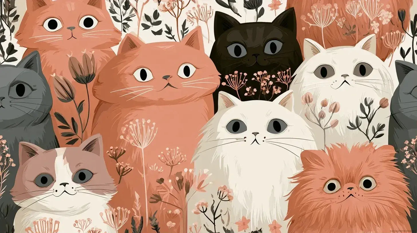 Papier Peint Chat Rose aux Doux Motifs Floraux représentant un adorable chaton rose pastel entouré de délicates fleurs aquarelle sur fond crème apaisant