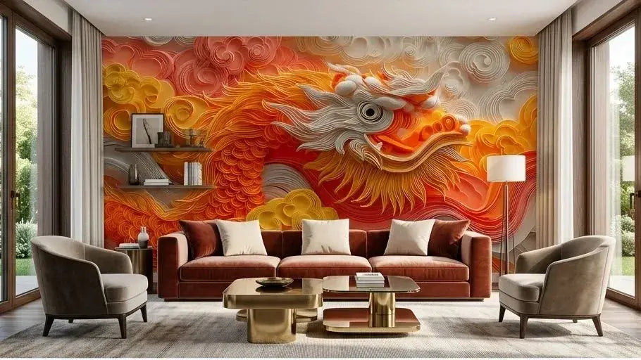 Gros plan sur un papier peint dragon japonais orange nuages blancs mettant en valeur les détails minutieux des griffes puissantes du dragon et la texture vaporeuse des nuages blancs tourbillonnants