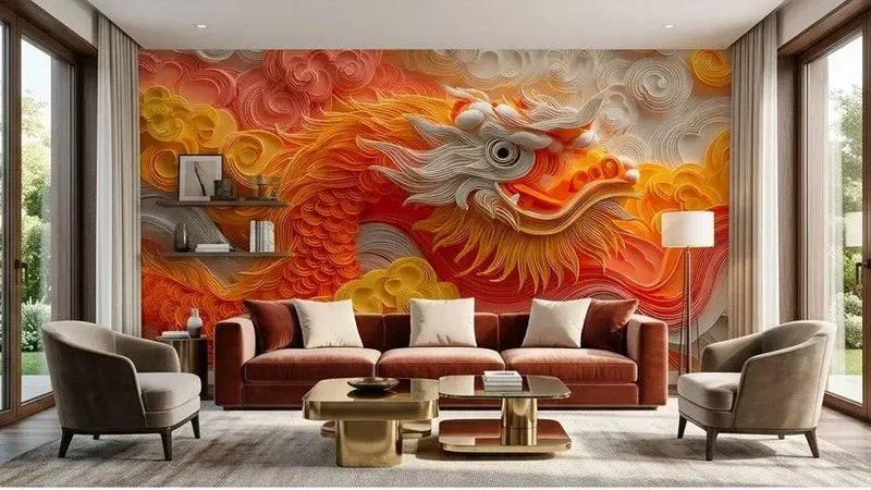 Gros plan sur un papier peint dragon japonais orange nuages blancs mettant en valeur les détails minutieux des griffes puissantes du dragon et la texture vaporeuse des nuages blancs tourbillonnants