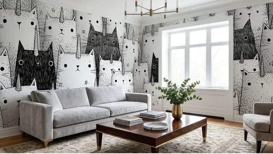 Gros plan sur le détail d'un papier peint chat noir et blanc aux motifs ludiques révélant des félins stylisés aux expressions faciales amusantes et aux poses fantaisistes