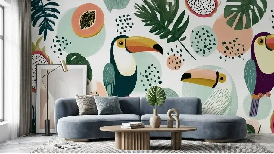 Gros plan du Papier Peint Toucan et Fruits Tropicaux Blanc révélant des détails saisissants de mangues, d'ananas et de fruits de la passion dessinés avec précision sur un fond blanc lumineux
