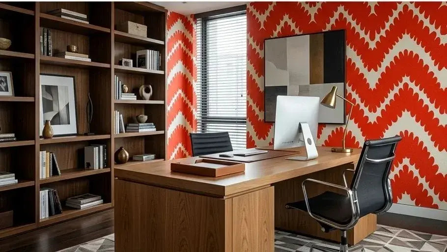 Salon contemporain habillé du Papier Peint Rouge Graphique Chevron Berlingot avec ses motifs en chevrons symétriques apportant une énergie visuelle captivante à la pièce