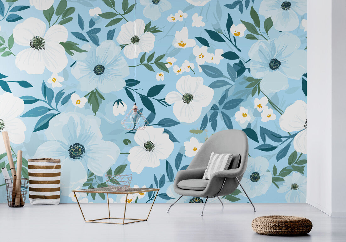 Papier peint Papier peint vintage fleurs blanches sur fond bleu délicat de apporte