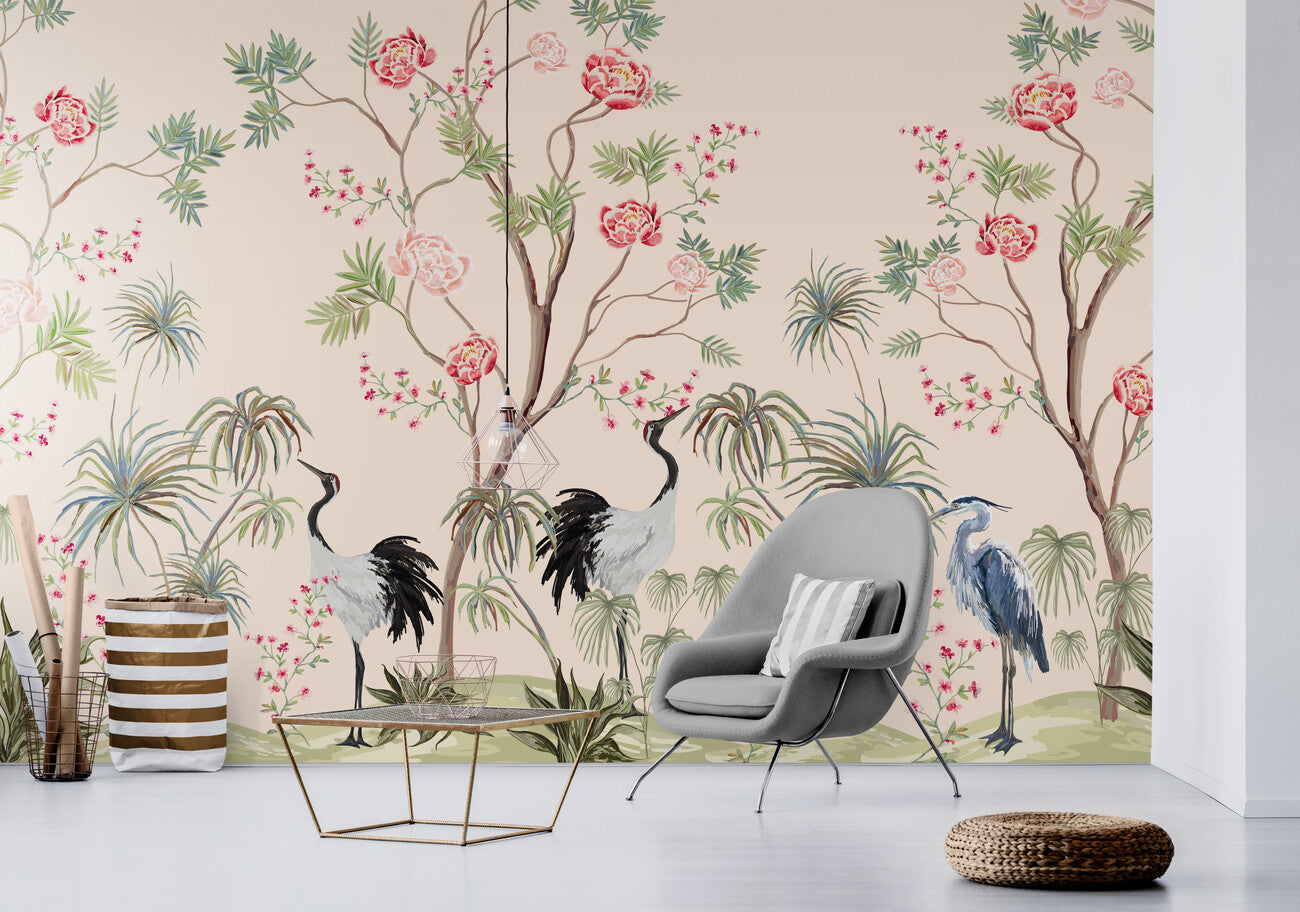 Papier peint Papier peint palmiers et grues floral et paisible