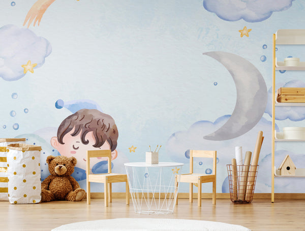 Papier peint Papier peint enfant nuages, lune et étoiles onirique avec aquarelle