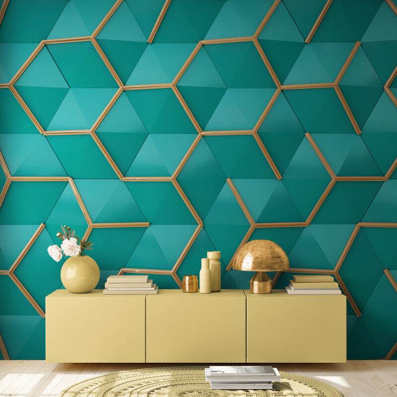 Papier peint Papier peint géométrique hexagone vert et doré géométrique abstrait contemporain,