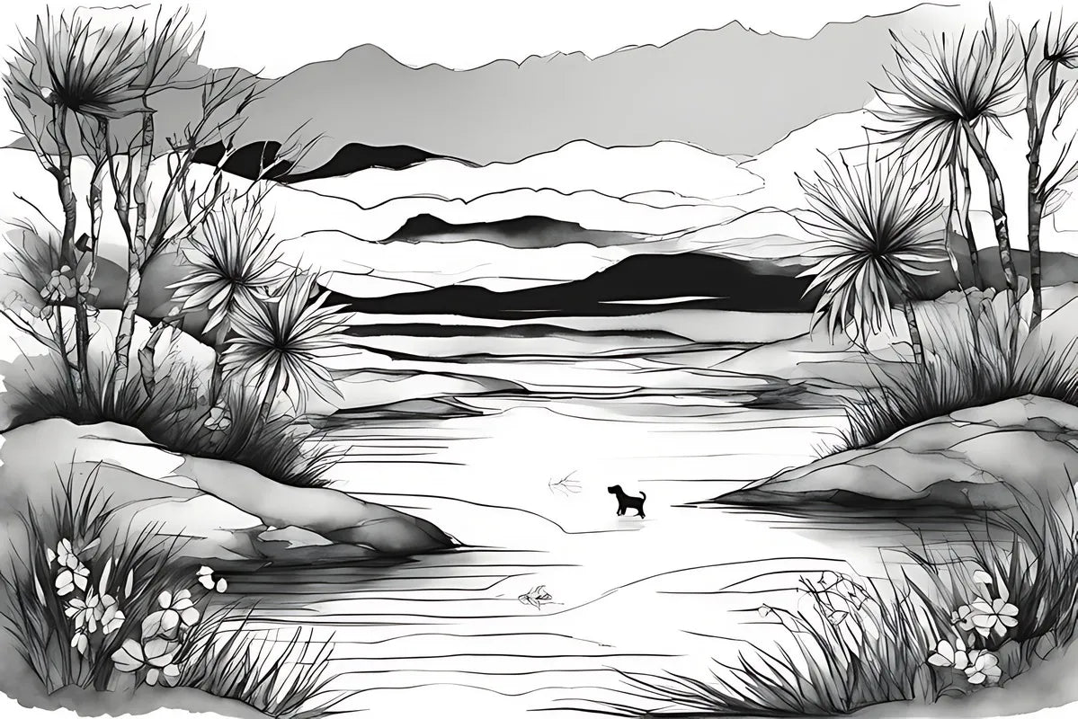 Papier peint noir et blanc chien dans l'eau