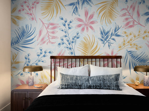 Papier peint Papier peint floral bleu, rose et blanc floral tropical bohème