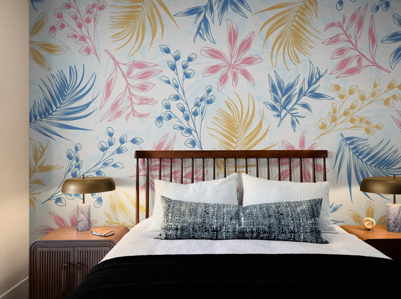 Papier peint Papier peint floral bleu, rose et blanc floral tropical bohème