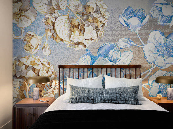 Papier peint Papier peint floral bleu et beige design délicat de apporte