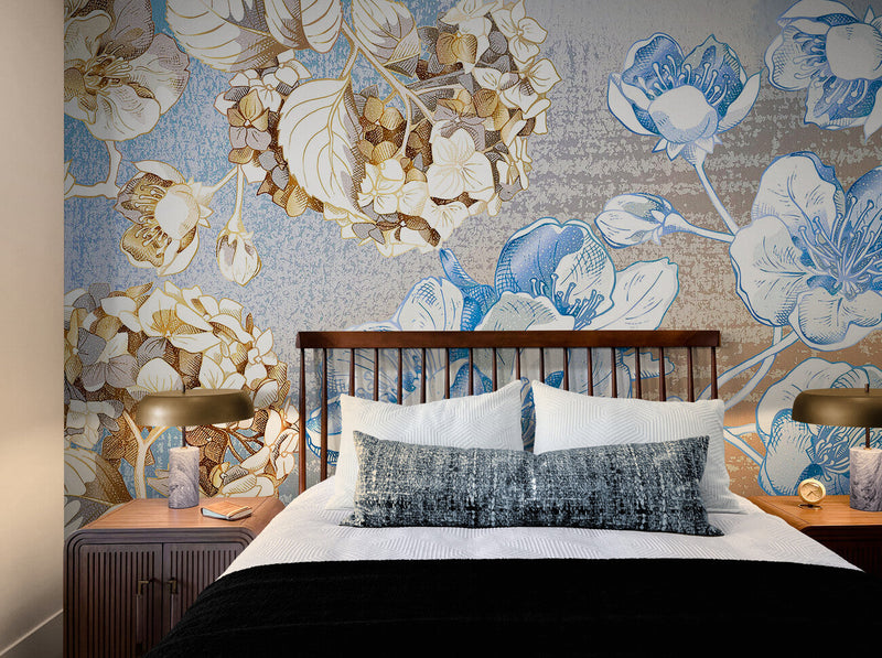 Papier peint Papier peint floral bleu et beige design délicat de apporte