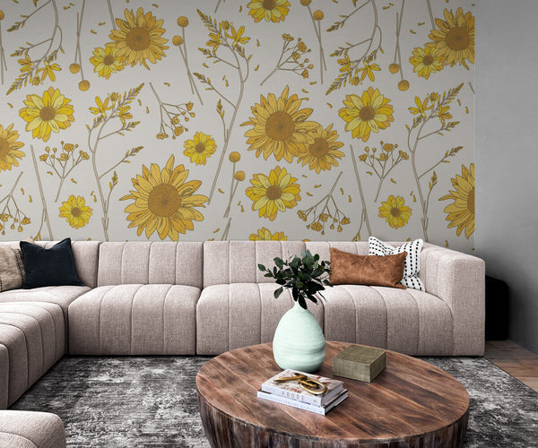 Papier peint Papier peint marguerites jaunes vintage floral rétro, vintage,
