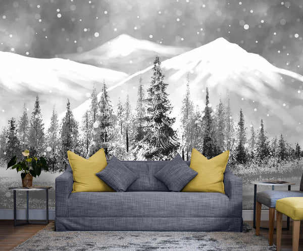 Papier peint Papier peint noir et blanc forêt enneigée crée une nordique,