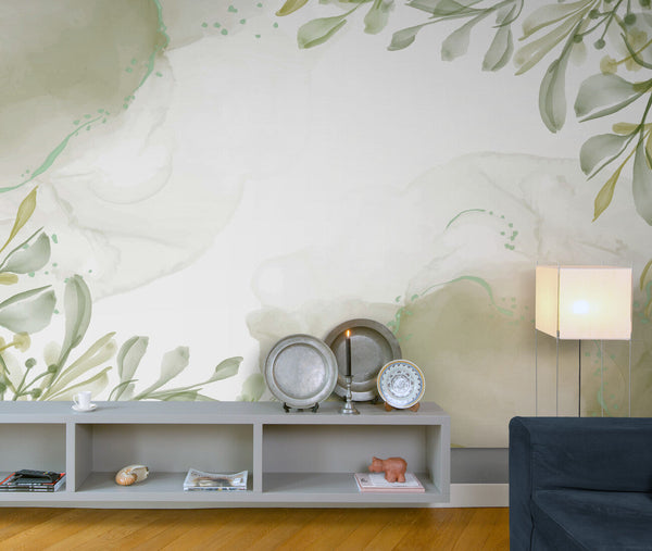 Papier peint Papier peint paysage feuillage vert clair floral aquarelle évoque