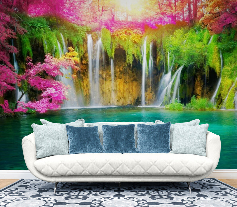 Papier peint Papier peint panoramique cascade et rivière tropicale floral et vives