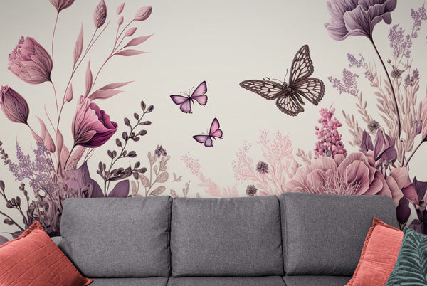Papier peint Papier peint floral et papillons délicat de qui