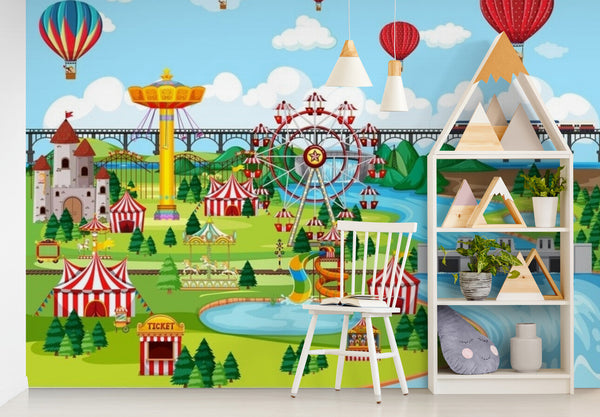 Papier peint Papier peint enfant grande roue et montgolfières vives et est