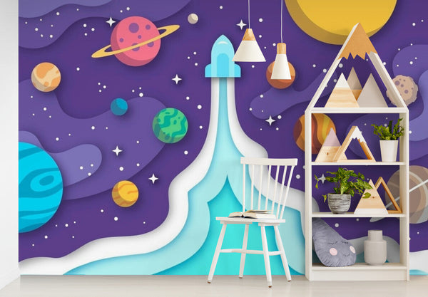Papier peint Papier peint enfant fusée et planètes spatial enchanteur, enfantin