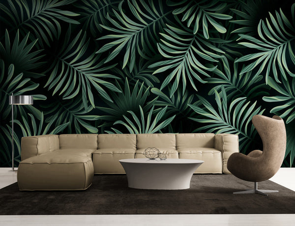 Papier peint Papier peint feuilles tropicales vert foncé luxuriant de évoque