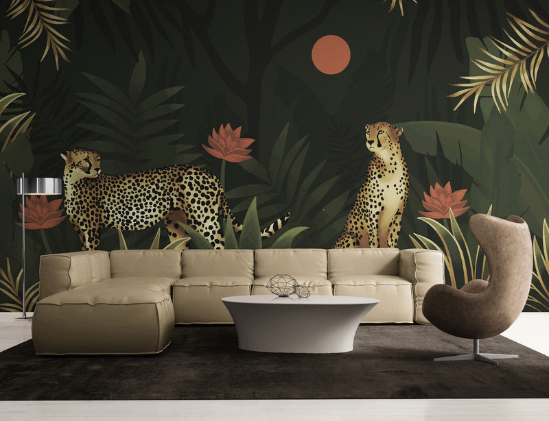 Papier peint Papier peint plantes tropicales et guépards de jungle offre