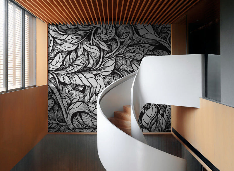 Papier peint Papier peint feuillage noir et blanc floral stylisé floral