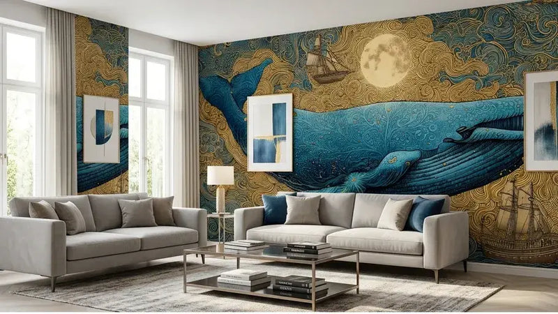 Vue détaillée du Papier Peint Baleine Volante et Bateaux Oniriques montrant une baleine lumineuse aux reflets nacrés planant au-dessus d'un océan de nuages roses et violets avec de petits voiliers suspendus dans les airs