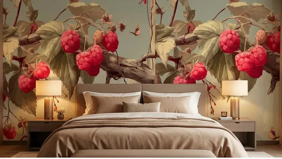 Gros plan sur les imprimés artisanaux d'un Papier Peint Rouge Framboise Champêtre, révélant des tons framboise vibrants et des arabesques végétales finement dessinées