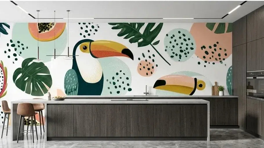 Chambre d'enfant décorée avec le Papier Peint Toucan et Fruits Tropicaux Blanc, créant une atmosphère jungle festive et chaleureuse grâce à ses motifs colorés de toucans et de feuillages exotiques
