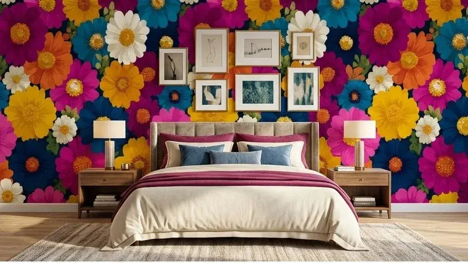 Échantillon plat de Papier Peint Vintage Fleuri aux Tons Multicolores posé sur une surface en bois clair, mettant en valeur ses arabesques florales détaillées dans une palette de couleurs vives et rétro
