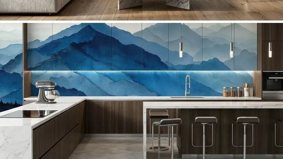 Panoramique mural grand format illustrant un horizon aquatique serein, réalisé dans un style aquarelle aux nuances de bleu profond et céleste