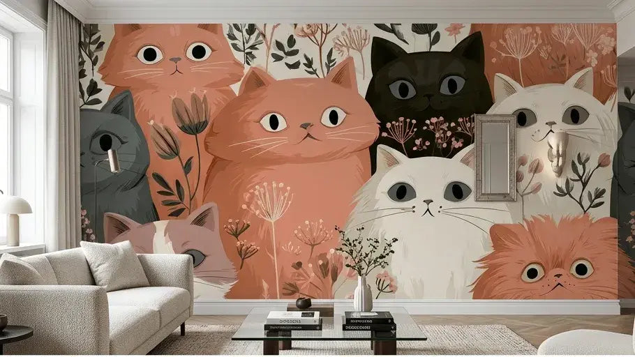 Gros plan sur le Papier Peint Chat Rose aux Doux Motifs Floraux avec des détails floraux fins en rose poudré, lavande et blanc ivoire rappelant un jardin printanier