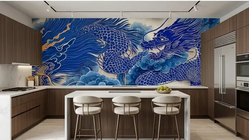 Rouleau déplié de Papier Peint Dragon Chinois Bleu et Blanc montrant un dragon impérial sinueux entouré de nuages stylisés et de motifs floraux asiatiques
