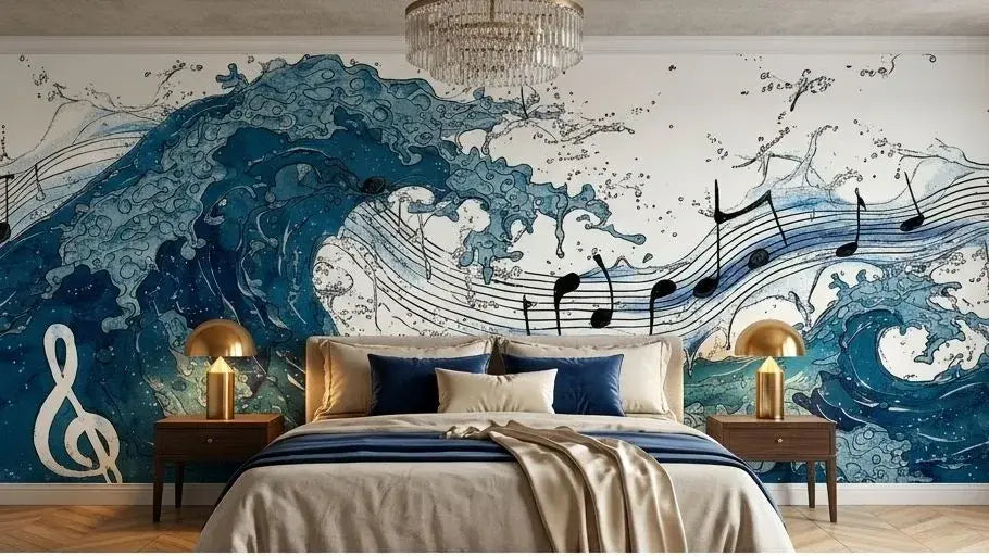 Détail texturé du Papier Peint Musique Aquarelle Vague de Notes Bleues montrant des éclaboussures d'aquarelle évoquant une symphonie visuelle de teintes bleu cobalt et saphir