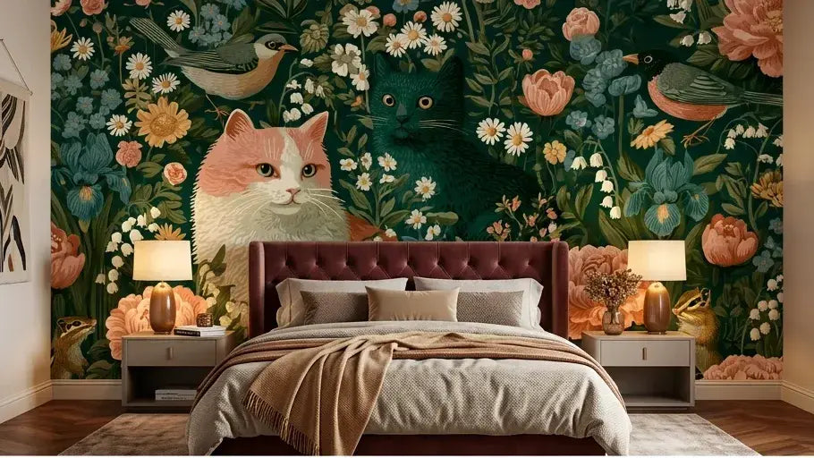 Papier Peint Chat Vert au Style Vintage de Jardin Anglais affichant un félin majestueux aux nuances vertes entouré de fleurs sauvages aquarellées et de branchages délicatement illustrés dans un style rétro