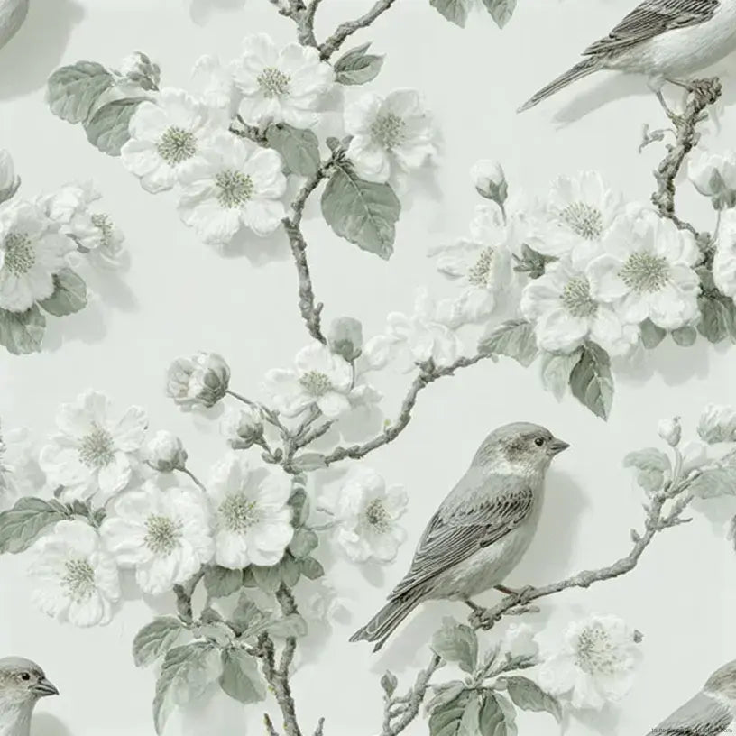 Rouleau de papier peint oiseaux vert sauge Faustine déployé sur une table en bois, révélant un motif botanique élégant avec des oiseaux perchés sur des branches fleuries aux teintes douces et naturelles
