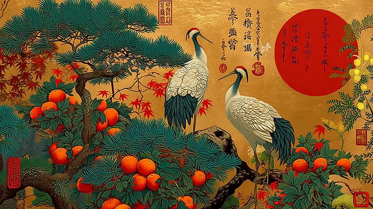 Papier Peint Japonais Oiseaux Fond Or représentant des grues élégantes aux ailes déployées sur un somptueux arrière-plan doré aux reflets métalliques