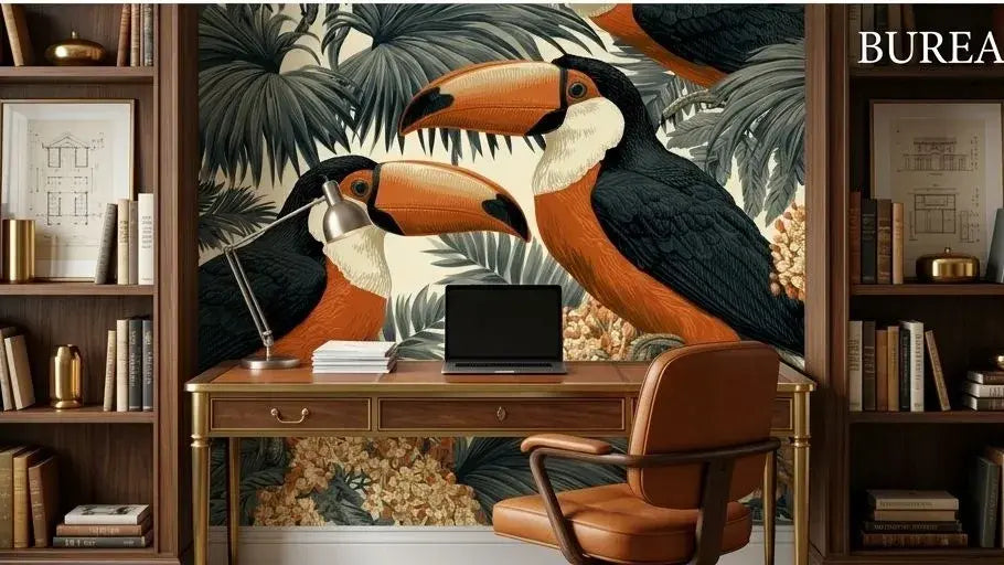 Rouleau déployé de Papier Peint Toucan Feuillage Exotique Orange et Noir révélant un motif répétitif de toucans colorés nichés parmi un feuillage tropical dense aux teintes orange et noir intense