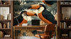 Rouleau déployé de Papier Peint Toucan Feuillage Exotique Orange et Noir révélant un motif répétitif de toucans colorés nichés parmi un feuillage tropical dense aux teintes orange et noir intense