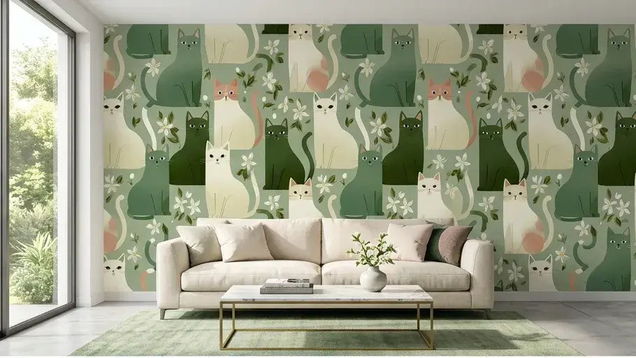 Gros plan d'un Papier Peint Chat Blanc et Fleurs Vert Sauge aux motifs botaniques raffinés mêlant un chat blanc gracieux à des feuillages vert sauge aquarelle