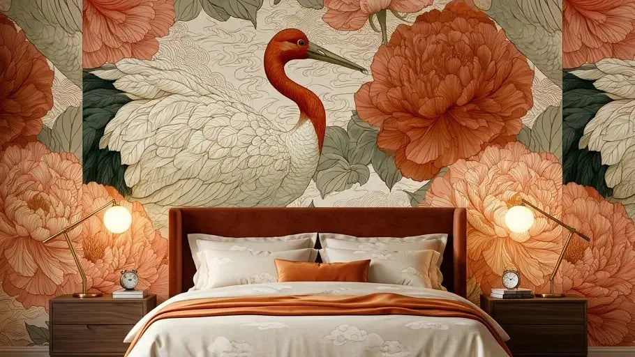 Chambre décorée avec un Papier Peint Japonais Grues et Pivoines Rose Poudré couvrant le mur principal, créant une atmosphère zen et poétique avec ses illustrations florales et animalières délicates