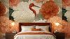 Chambre décorée avec un Papier Peint Japonais Grues et Pivoines Rose Poudré couvrant le mur principal, créant une atmosphère zen et poétique avec ses illustrations florales et animalières délicates