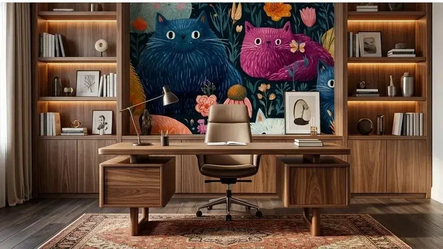 Vue d'ensemble d'une pièce décorée avec un papier peint chat dans un jardin fleuri vintage illustrant plusieurs chats jouant parmi des glycines violettes en cascade, des roses anciennes et des herbes folles aux tons sépia chaleureux