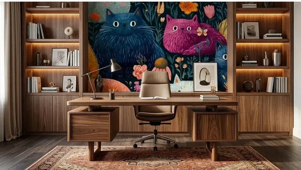 Vue d'ensemble d'une pièce décorée avec un papier peint chat dans un jardin fleuri vintage illustrant plusieurs chats jouant parmi des glycines violettes en cascade, des roses anciennes et des herbes folles aux tons sépia chaleureux