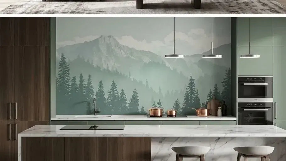Installation complète du Papier Peint Panoramique Montagne Brume Vert dans une chambre contemporaine, créant une immersion totale dans un paysage alpin serein et apaisant
